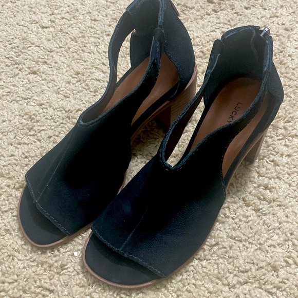 Lucky Brand NEW Saimy black leather sandal heels open toe bootie size 5 - Picture 2 of 11